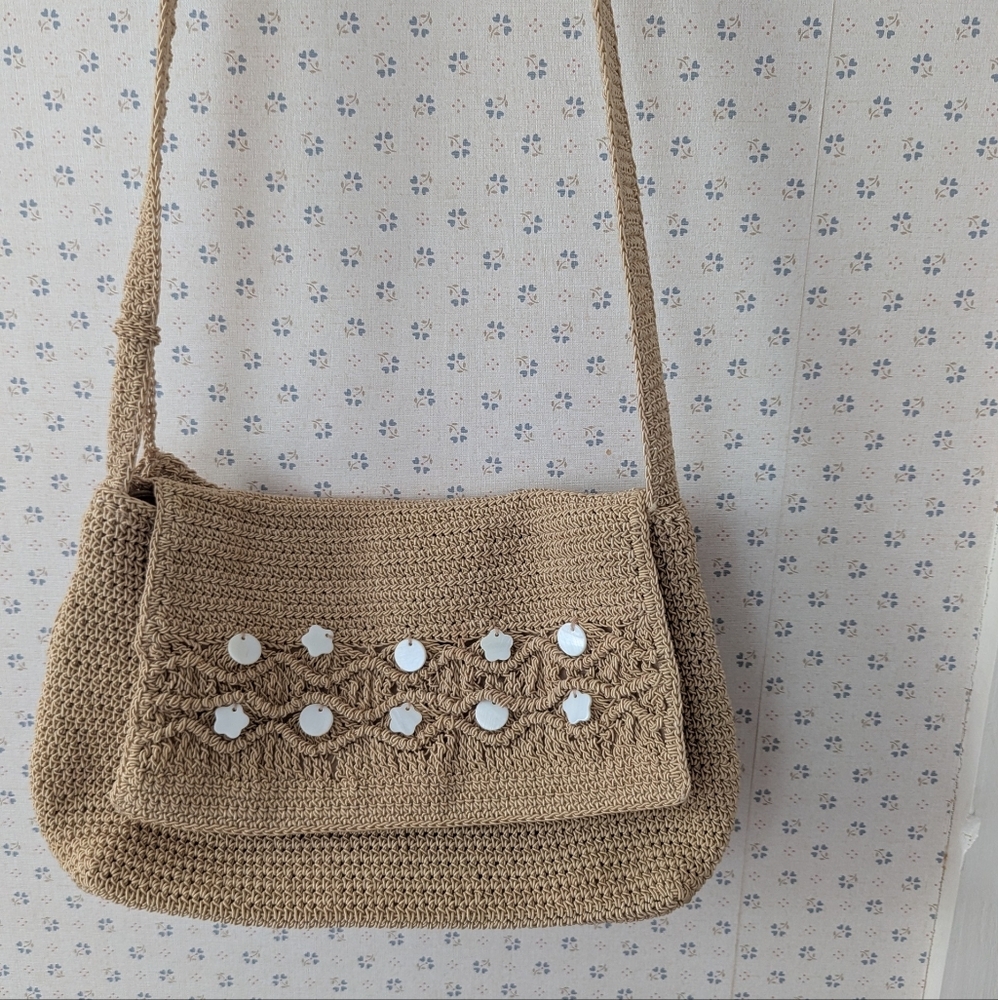 NWOT Beige Crochet Clutch Motherof Pearl Accents